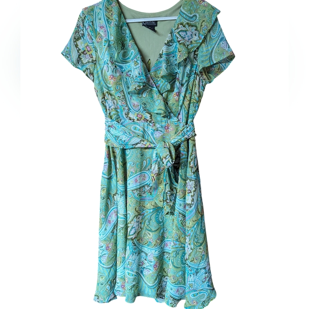 Vintage Y2K Green Ruffle Paisley Print V Neck Belted Fit And Flare Dress Sz 12